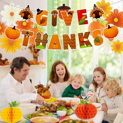Thanksgiving Party Decorations Give Thanks Banner Paper Lanterns Honeycomb Pumpkins Fall Acorn Paper Fans for Fall Friendsgiving Turkey Thanksgiving Decor Indoor Outdoor