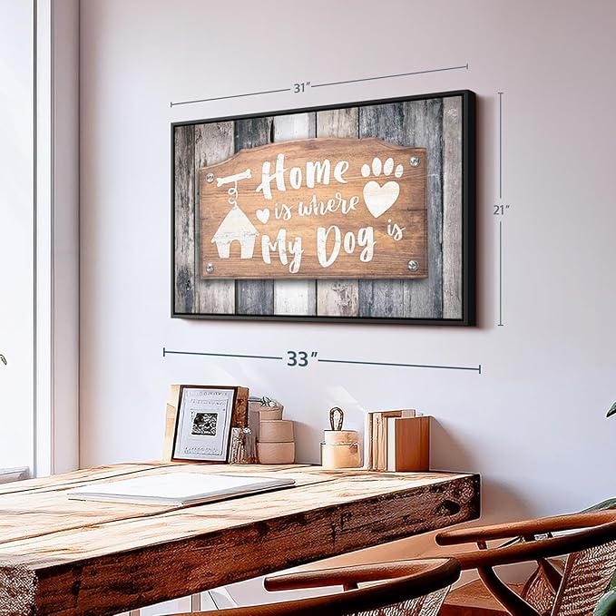 ElephantStock Home Is Where My Dog Is Wall Art - Horizontal Floating Framed Canvas - 1-Piece Living Room Wall Decor - Pet Digital Art Canvas Print - Gray and Beige Decor for Wall - 31" X 21"