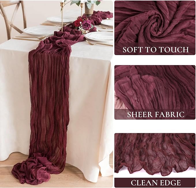 3 Pack Burgundy Table Runner Cheesecloth Gauze Red Table Runner 35x120 Inch Rustic Boho Cheese Cloth Sheer Runner for Wedding Baby Shower Bridal Shower Birthday Party Christmas Decorations