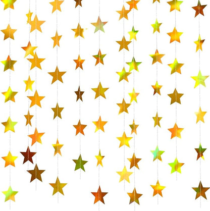Patelai Glitter Star Garland Banner Christmas Decor 130 Feet Star Hanging Bunting Banner Twinkle Backdrop for Homecoming Classroom Wedding Birthday Halloween Party Supplies(Iridescent Gold)