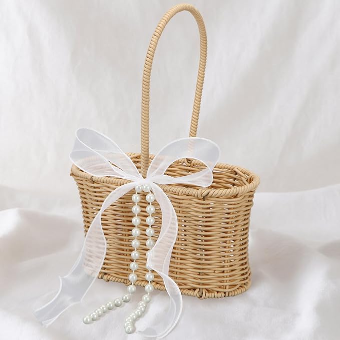 1 Pcs Wicker Rattan Flower Girl Basket with Bows and Pearl 11.8x8.7x5.1 Inches Rustic Wedding Basket for Flower Girl, Hand Woven Willow Storage for Ceremonies Home Decoration (Waisted)