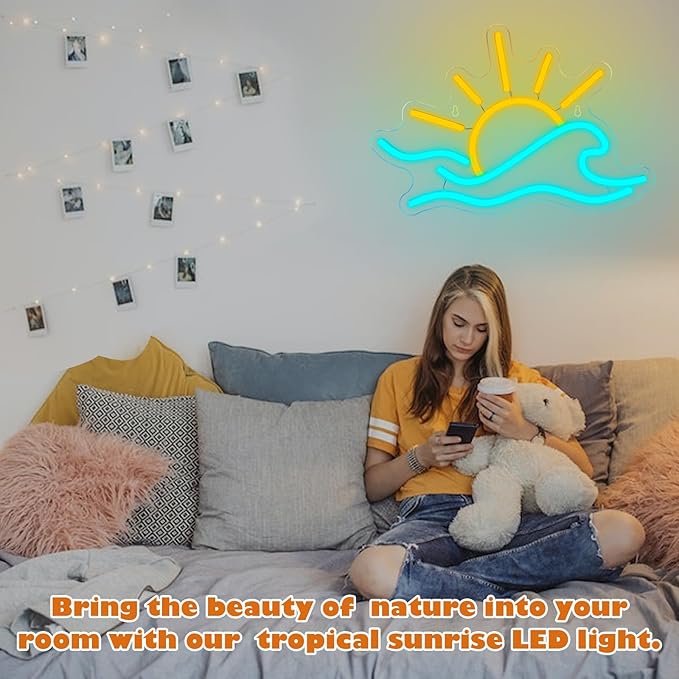 Sunrise Sunset Neon Sign, Dimmable Sun Sea Wave LED Neon Light for Wall Decor, USB Powered Ocean Surf Neon Signs, Acrylic Sun Sign for Bedroom Living Room Bar Cafe Game Room Birthday Party Christmas