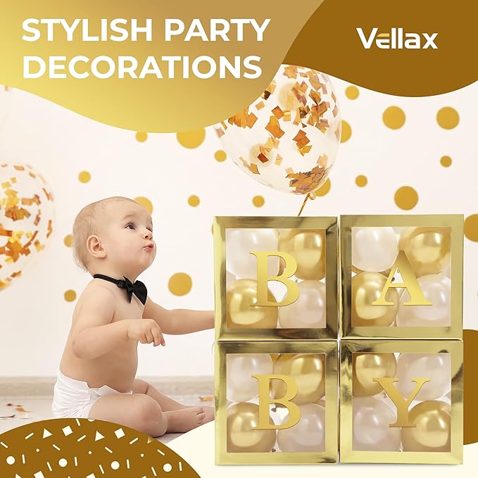 Baby Shower Boxes with Letters – Gold Boxes with Gold & White Balloons – 44-Piece Gender Reveal & Party Decoration Set by Vellax