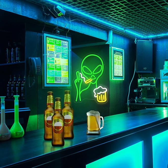 Green Alien Neon Sign, Beer Bar Alien Neon Light for Wall Decor, Dimmable LED Lights Signs for Bedroom Man Cave Game Room Home Bar Party Decoration,USB Powered Alien Light up Sign for Kids Teen Boy Birthday Christmas Presents