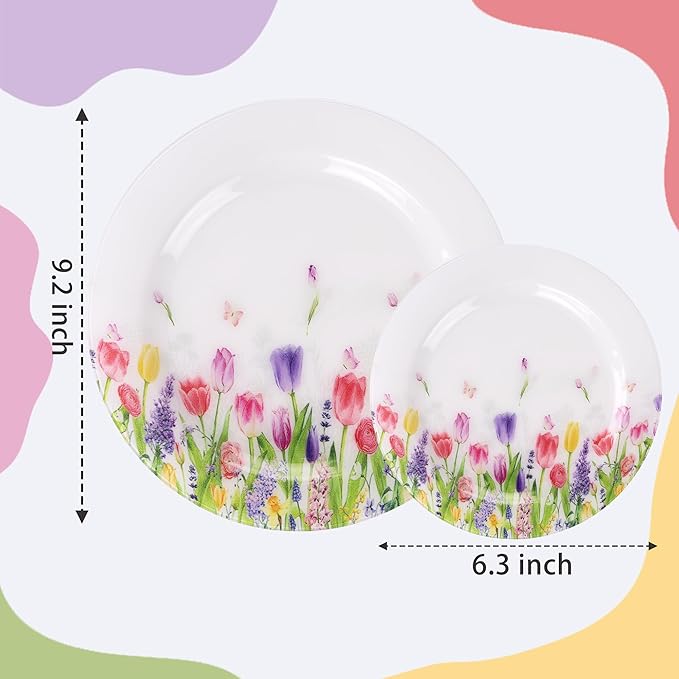 WELLIFE 20PCS Floral Plastic Plates – Tulip Flower Dinner & Dessert Plates (10×9.2" + 10×6.3") for Spring Garden Party, Mother’s Day Brunch, Bridal Shower & Girls/Ladies Party Decor