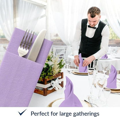 PAW - Linen Feel Napkins with Built-in Flatware Pocket, Airlaid Paper Pre-Folded Napkins for Silverware, Wedding Party, Dinner, Birthday, Gatherings, Monocolor Violet, 50 Count