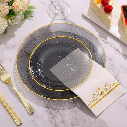 150 Pcs Black and Gold Plates Disposable for Party - Elegant Black Plastic Plates Fancy Disposable Dinnerware for Birthday Party New Year (25 Guests)
