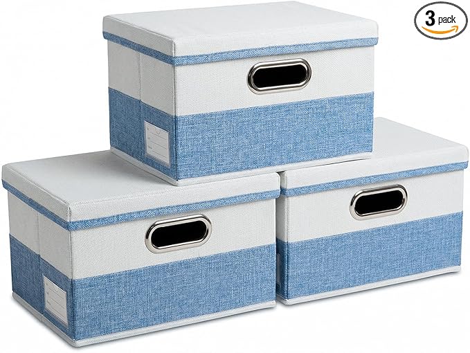 PRANDOM Storage Bins with Lids [3-Pack] Linen Fabric Foldable Storage Boxes Organizer Containers Baskets Cube with Cover for Bedroom Closet Office Blue&White（11.4X8.6X6.7