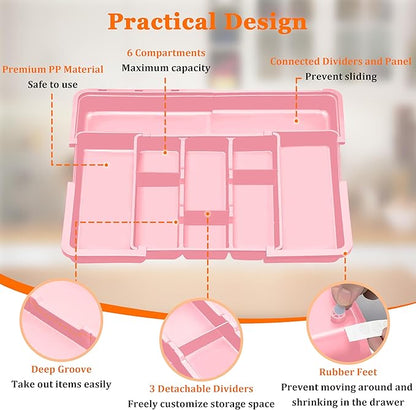 Large Utensil Drawer Organizer Expandable Silverware Organizer for Kitchen Drawer Adjustable Cooking Utensil Holder Cutlery Flatware Tray Spatula Tools Gadgets Storage Dividers Plastic Pink