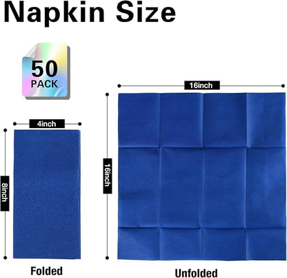 Royal Blue Napkins Hand Towels Disposable, Linen-Feel Dinner Napkins with Prefolded Built-in Flatware Pocket, Guest Paper Hand Towels For Wedding, Dinner Or Party (16x16in, 50Pack）