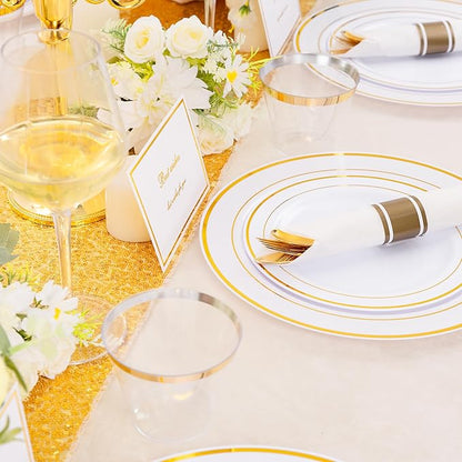 DaYammi 350PCS Gold Plastic Dinnerware Set for 50 Guests, Thanksgiving Plates Disposable, Include: 50 Dinner Plates, 50 Dessert Plates, 50 Pre Rolled Napkins with Gold Silverware, 50 Cups