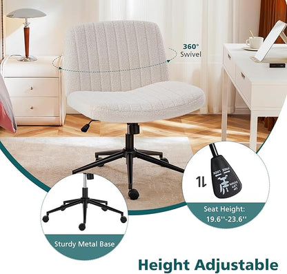 OLIXIS Criss Cross Chair with Wheels Wide Cross Legged Office Desk Vanity Chair Comfy Fabric Armless Adjustable Swivel for Home Computer Task Teddy Beige