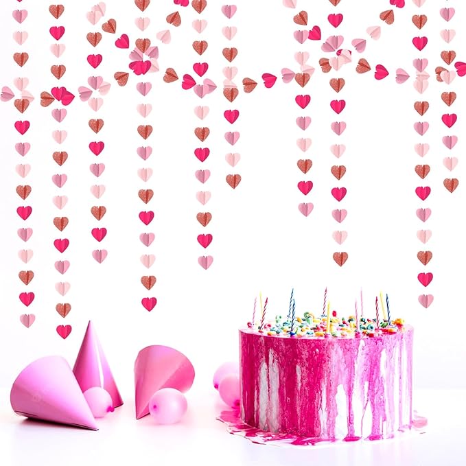 Rose-Gold Hot-Pink Party-Decorations Heart Garland - 39Ft 3D Wedding Bridal Shower Hanging Paper Streamers Banner,Baby Girl Birthday Bachelorette Engagement Mohters Brunch Decor Ouruola