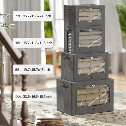 FHSQX 3 Pack Clothes Storage Bins Foldable Metal Frame Storage Box Stackable Linen Fabric Organizer Set with Carrying Handles and Clear Window (Dark Gray, 15.7x11.8x7.8inch(22L))