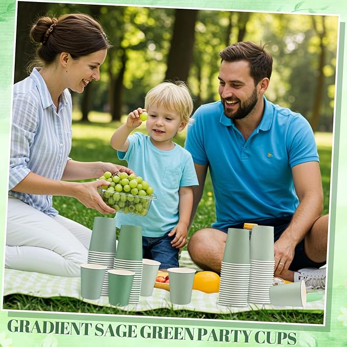 100 Pack Sage Green Paper Cups 9oz Gradient Sage Green Party Cups Disposable Paper Cups, Drinking Cups for Wedding Birthday Baby Shower Party Supplies