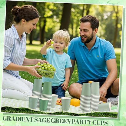 100 Pack Sage Green Paper Cups 9oz Gradient Sage Green Party Cups Disposable Paper Cups, Drinking Cups for Wedding Birthday Baby Shower Party Supplies