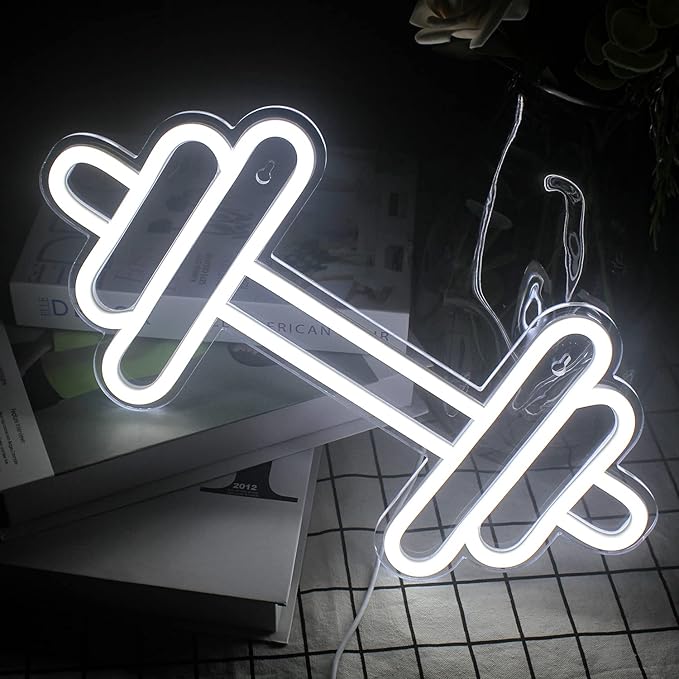Lucunstar Gym Neon Sign Barbell Dumbbell Shaped Neon signs White Neon Lights Up Gym Wall Stickers for Fitness Club Decor LED Sign for Teen Girls Teen Sports Room Game Room Decor