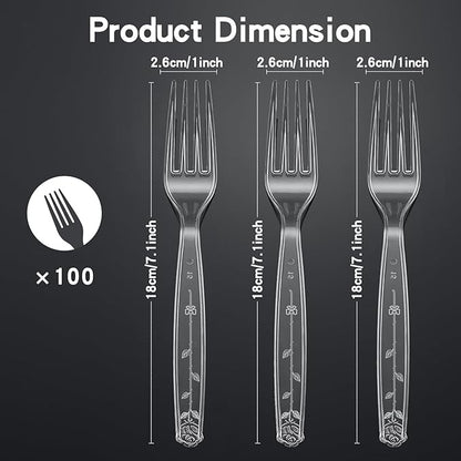100 Count Extra Heavy Duty Clear Plastic Forks Disposable, BPA-Free, Heat Resistant, Durable Disposable Forks Bulk for Catering & Events 、Party Supplies