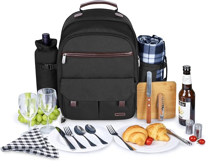 Sunflora Insulated Picnic Backpack for 2 Person Bag with Cooler Compartment, Wine Pouch, Blanket and Stainless Steel Cutlery Set for Couple, Lovers and Friends (Black)