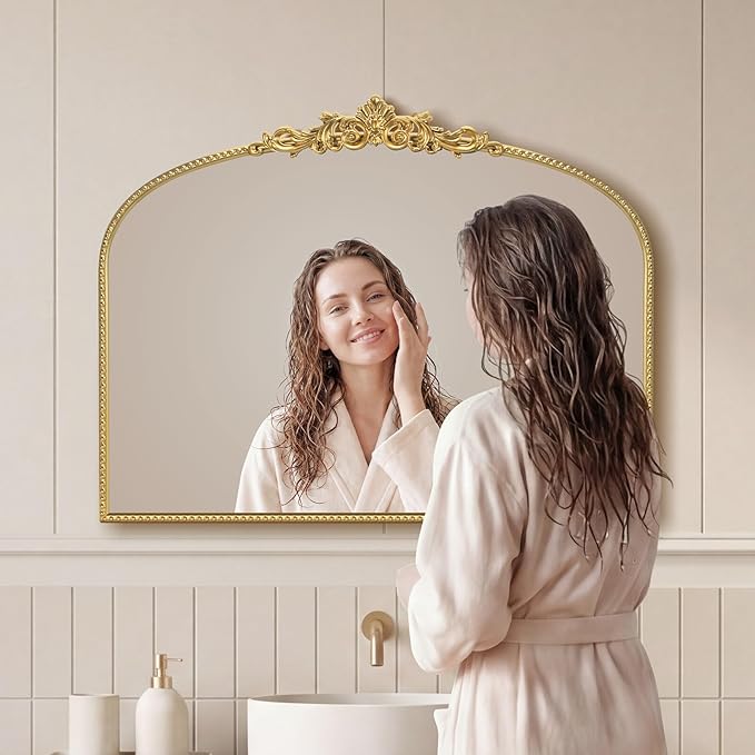Gold Vintage Vanity Mirror 32x24 Inch, Shell Crown Ornate Beaded Frame Vanity Mirror, Antique Decorative Horizontal Mirror for Bathroom, Bedroom, Entryway, Fireplace Wall