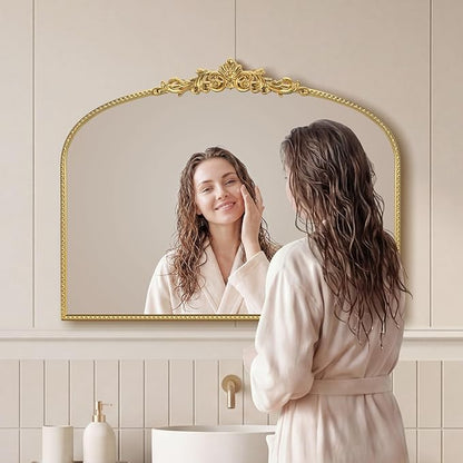 Gold Vintage Vanity Mirror 32x24 Inch, Shell Crown Ornate Beaded Frame Vanity Mirror, Antique Decorative Horizontal Mirror for Bathroom, Bedroom, Entryway, Fireplace Wall