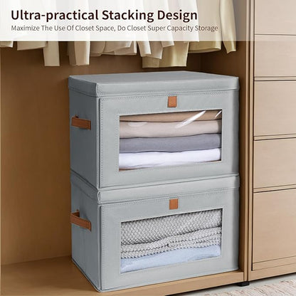 Large Closet Storage Organizer - Clothes Storage Bins with Handles & Window, Collapsible Decorative Boxes with Lids, Fabric Containers for Living Room, Dorm, 2 Pack, Grey