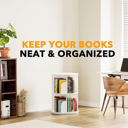 SpaceAid 2 Tier Rotating Bookshelf Tower, Spinning Bookcase Lazy Susan, Revolving 360 Book Shelf Storage Round Carousel, Vertical Rotate Turning Spiral Corner Organizer, White