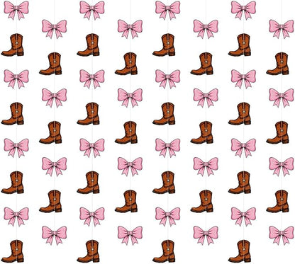 12 Pcs Hanging Boots or Bows Gender Reveal Decorations Boots and Bows Gender Reveal Confetti Western Theme Garland Brown and Pink for Cowboy Cowgirl Baby Shower Parties