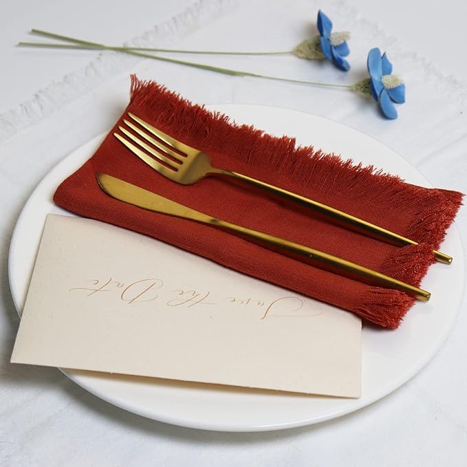 Handmade Cloth Napkins with Fringe,18 x 18 Inches Cotton Linen Napkins Set of 4 Versatile Handmade Square Rustic Fringe Napkins for Dinner, Wedding and Parties, Terracotta