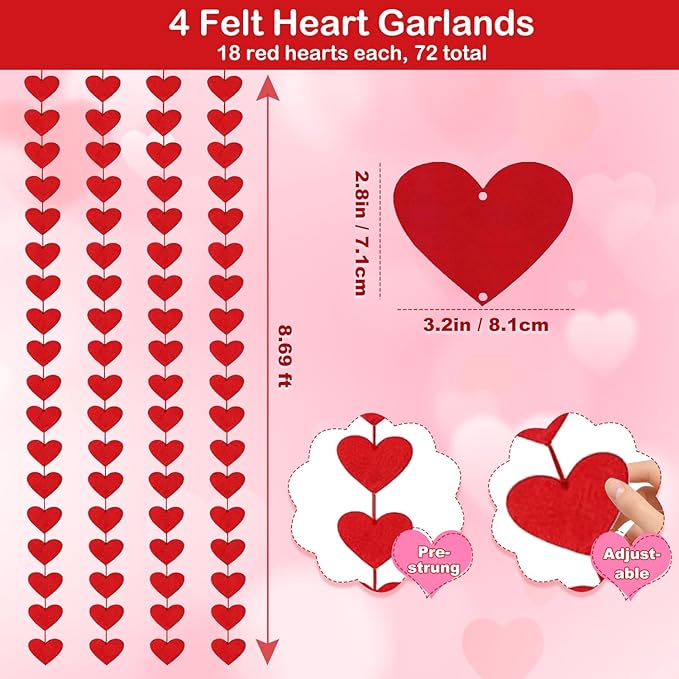 72 Felt Heart Garland, Pre-Strung Red Heart Decor for for Valentines Day Decorations, Wedding, Anniversary, Birthday, Backdrop for Office, Classroom, Vaday Party Props