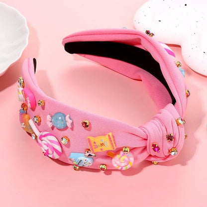 Knotted Headband for Women Lollipop Candy Charms Crystal Jeweled Embellished Top Knot Hairband Statement Wide Turban Hair Hoop Funny Gifts for Girls Sister Birthday Xmas Holiday Party