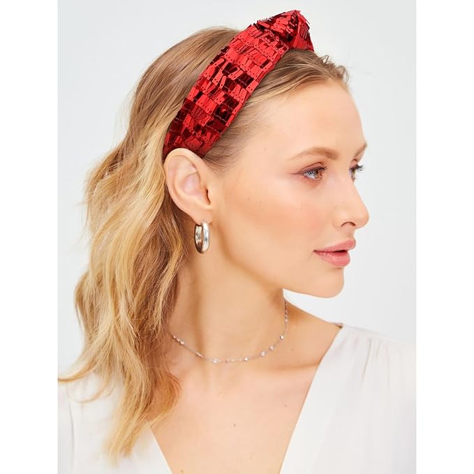 Red Headbands for Women Sequins Knotted Headband Top Knot Hair Band Non-slip Head Band Soft Fashion Christmas Accessories for Women Girls