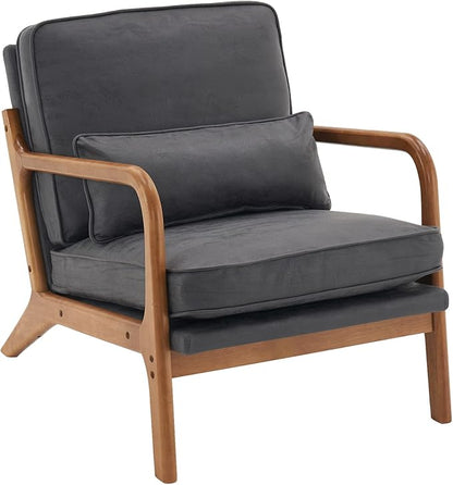 Bonnlo Microfiber Dark Grey Mid Century Modern Accent Chair, Soild Wood Padding Lounge Armchairs Side Sitting Chairs for Living Room, Bedroom, Guest Room