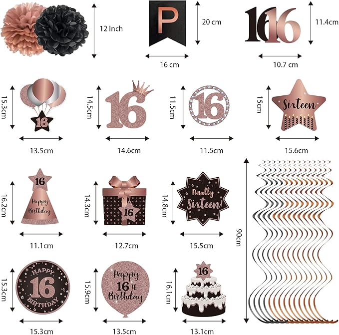 BRT Bearingshui Happy 16th Birthday Hanging Swirls Streamers Decoration, Happy Birthday Banner with Tissue Pompoms, Rose Gold and Black 16 Years Old Birthday Party Hanging Backdrop Decorations