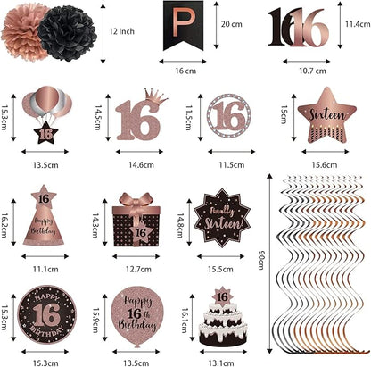 BRT Bearingshui Happy 16th Birthday Hanging Swirls Streamers Decoration, Happy Birthday Banner with Tissue Pompoms, Rose Gold and Black 16 Years Old Birthday Party Hanging Backdrop Decorations