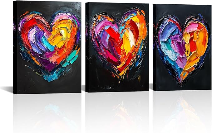 KLVOS 3 Panel Colorful Heart Wall Art Graffiti Canvas Prints Valentine's Day Love Art Abstract Paintings for Office Couple Bedroom Decoration
