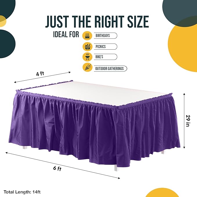 Exquisite Ruffle Table Skirt Purple 12 Pack 14 Ft Long Table Skirts for Rectangle Tables 6ft Plus or Round Tables Skirts with Adhesive Strip for Gender Reveal Decor & Happy Birthday Parties