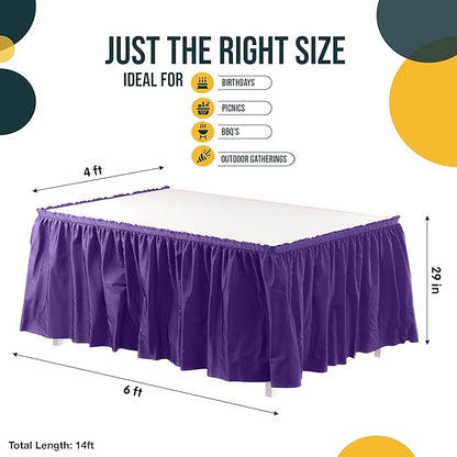 Exquisite Ruffle Table Skirt Purple 12 Pack 14 Ft Long Table Skirts for Rectangle Tables 6ft Plus or Round Tables Skirts with Adhesive Strip for Gender Reveal Decor & Happy Birthday Parties