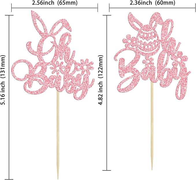 Ephlyn 24PC Happy Oh Baby Cupcake Toppers - Pink Glitter Bunny Babyshower Cake Topper Decorations - Birthday Party Supplies