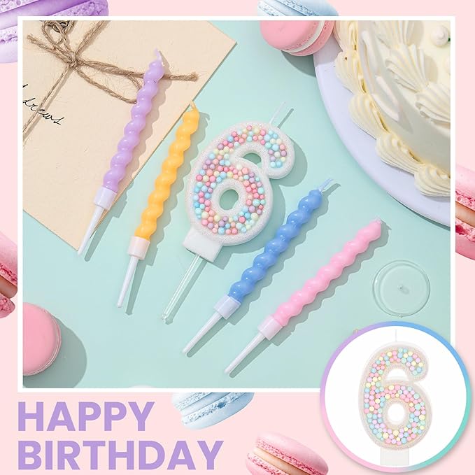 MTLEE Number 6 Birthday Candle with 12 Pcs Spiral Candles for Girls Macaron Pastel Rainbow Unicorn Pink Cake Topper for Sweet Theme Party Decoration
