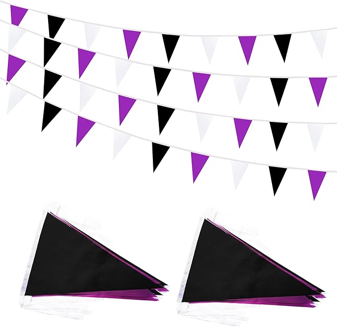 100 Feet 60 Pcs Purple White and Black Pennant Banner Flag String Hanging Triangle DIY Flag, Bunting Streamers Decoration for Grand Opening, Birthday, Wedding Celebration (Purple White & Black)