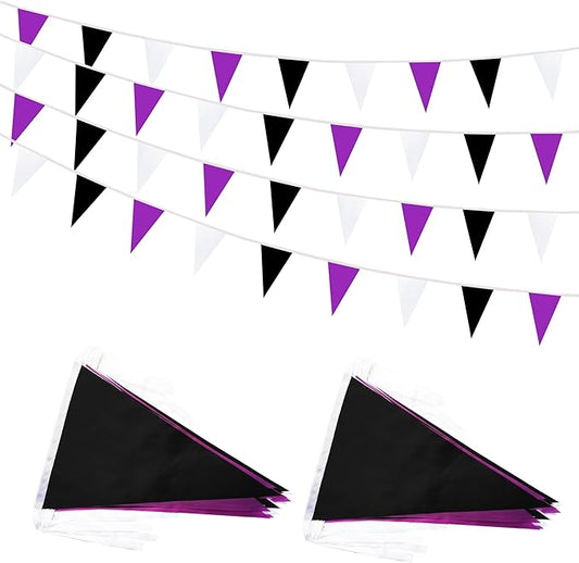 100 Feet 60 Pcs Purple White and Black Pennant Banner Flag String Hanging Triangle DIY Flag, Bunting Streamers Decoration for Grand Opening, Birthday, Wedding Celebration (Purple White & Black)
