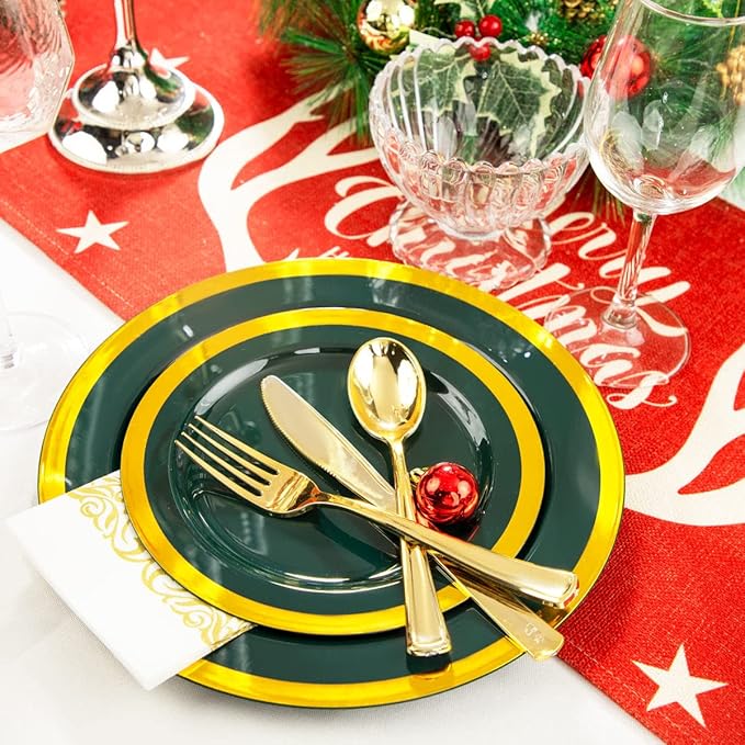 Liacere 175PCS Green Plastic Plates - Emerald Green Party Plates - Disposable Gold Plastic Plate include 50Plates, 25Knives, 25Forks, 25Spoons, 25Cups, 25Napkins for Football Party & Christmas