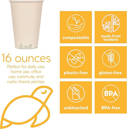 Earth's Natural Alternative 100% Compostable Disposable Coffee Cups with Lids [16oz 80 Set] Paper Cups Made from Unbleached Bamboo Fiber, Compostable, To Go Coffee Cups with Lids