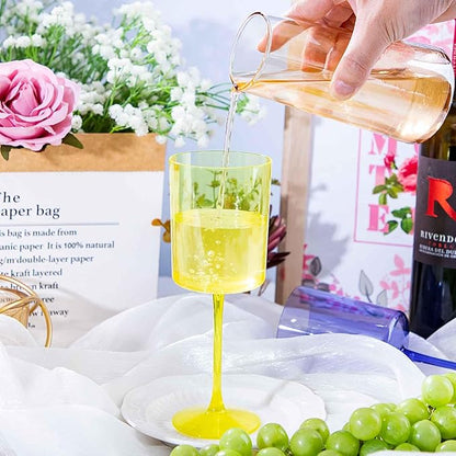 Ciaell 4 Pack Plastic Drinking Glasses - 10 Oz Plastic Glasses with Stem - Disposable Glasses Perfect for Parties & Weddings & Poolside & Outdoors & Camping (Pink Green Purple Yellow)