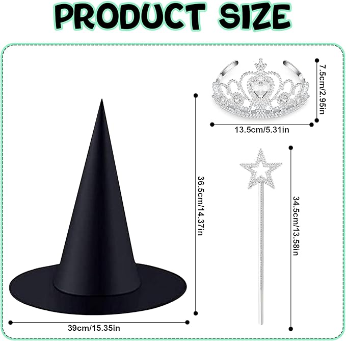 18 Pcs Halloween Witch Hats Glitter Star Wands Princess Crowns Set Black Wizard Hats Sparkling Princess Accessories for Adults Witch Halloween Cosplay Party Supplies Pink Green Party Decor Photo Props