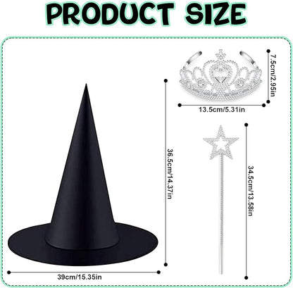 18 Pcs Halloween Witch Hats Glitter Star Wands Princess Crowns Set Black Wizard Hats Sparkling Princess Accessories for Adults Witch Halloween Cosplay Party Supplies Pink Green Party Decor Photo Props