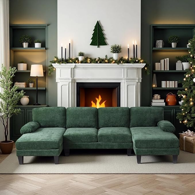 VINGLI 110" Sectional Couches for Living Room,U Shaped Couch with Double Chaise, 4-Seat Sofa Set with Chenille Fabric for Home Furniture,Forest Green