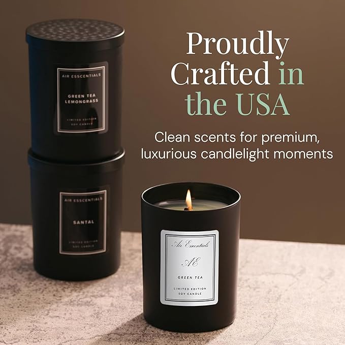 Air Esscentials Clean Scented Soy Candles, Soy Wax Blend with Luxury Fragrance, Aromatherapy Candle for Home & Office, 70 Hour Burn Time, Green Tea, 11 oz.