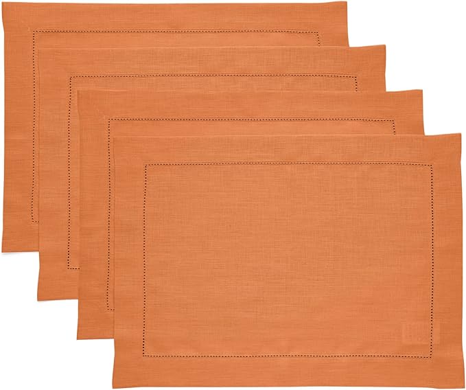 Solino Home Linen Placemats Set of 4 - Classic Hemstitch Pumpkin Placemats 14 x 19 Inch - 100% Pure Linen Table Mats for Fall, Autumn, Holiday